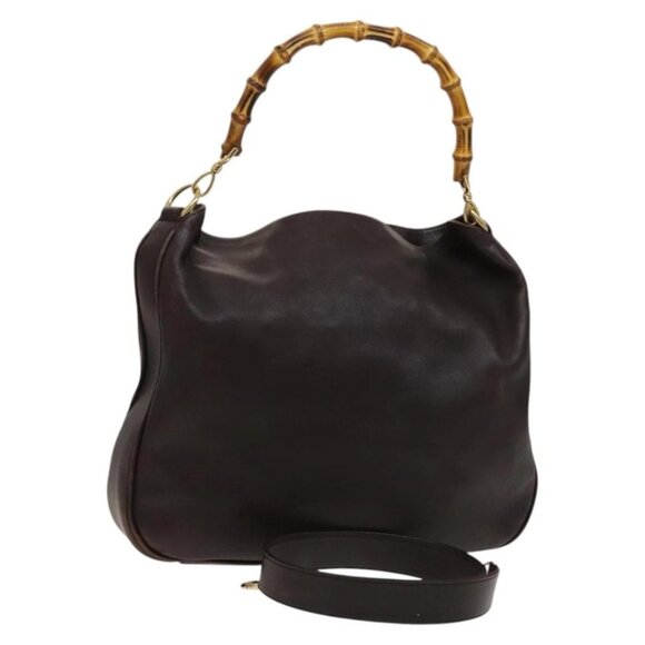 GUCCI Bamboo Hand Bag Leather 2way Brown Gold - Picture 1 of 15